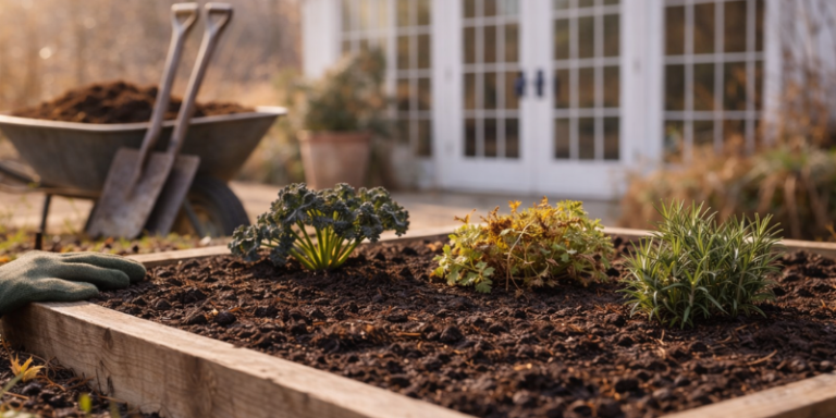 Winter garden veg and herb beds ready for Spring